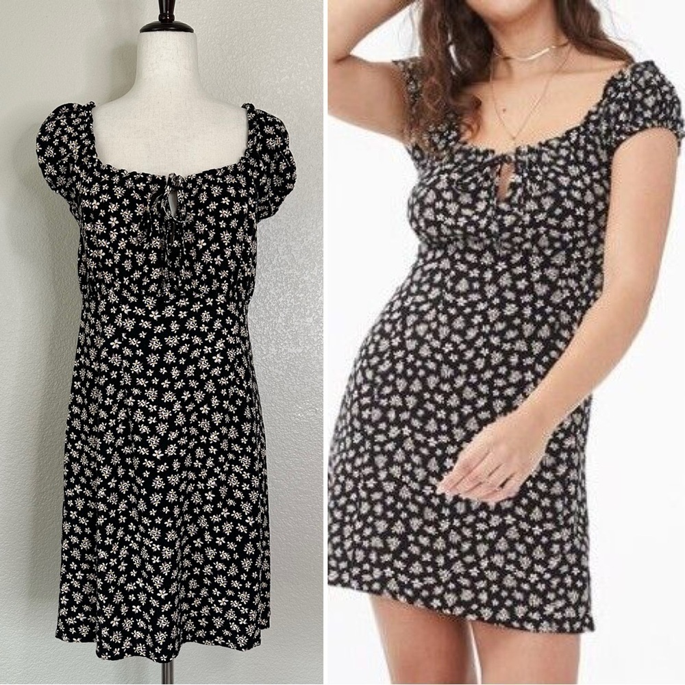 Aeropostale Linen Blend Black Floral Ditsy Tie-Neck Empire Dress, Sz Medium
